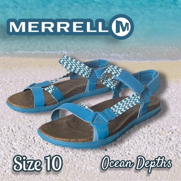 MERRELL Teal Blue Strappy Ocean Depths Sunvue Woven Sandal Womens Sz 10 - Picture 1 of 11